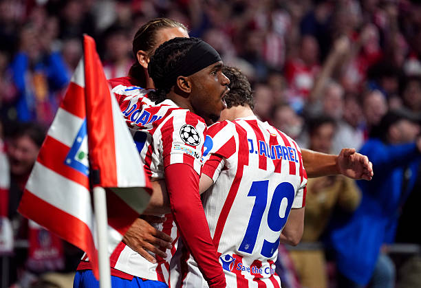 MADRID, SPAIN - APRIL 14: Ademola Lookman of Atletico de Madrid celebrates scoring his team's first goal with teammates during the UEFA Champions League 2025/26 Quarter-Final Second Leg match between Club Atlético de Madrid and FC Barcelona at Riyadh Air Metropolitano on April 14, 2026 in Madrid, Spain. (Photo by Angel Martinez/Getty Images)